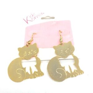 3/$30 VINTAGE 80S GOLD TONE KITTY CAT KITTEN EARRINGS BOW CUT OUT DEADSTOCK